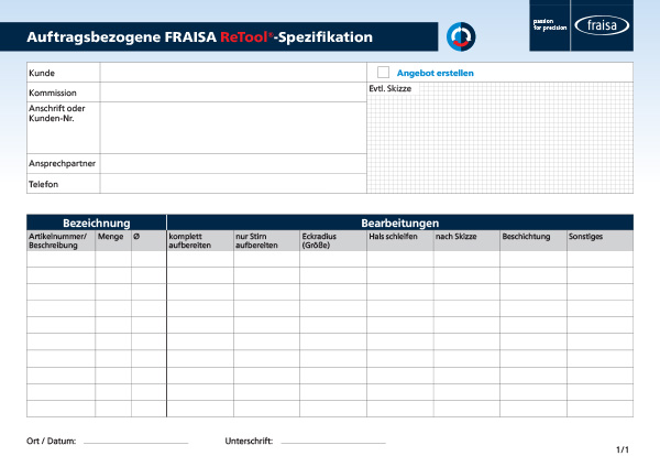 Auftragsbezogene FRAISA ReTool®-Spezifikation