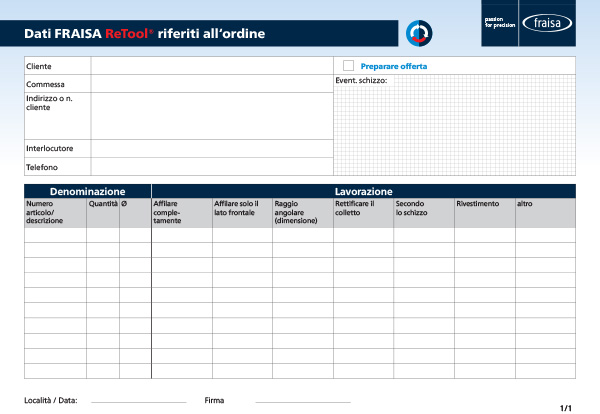 Dati FRAISA ReTool® riferiti all‘ordine